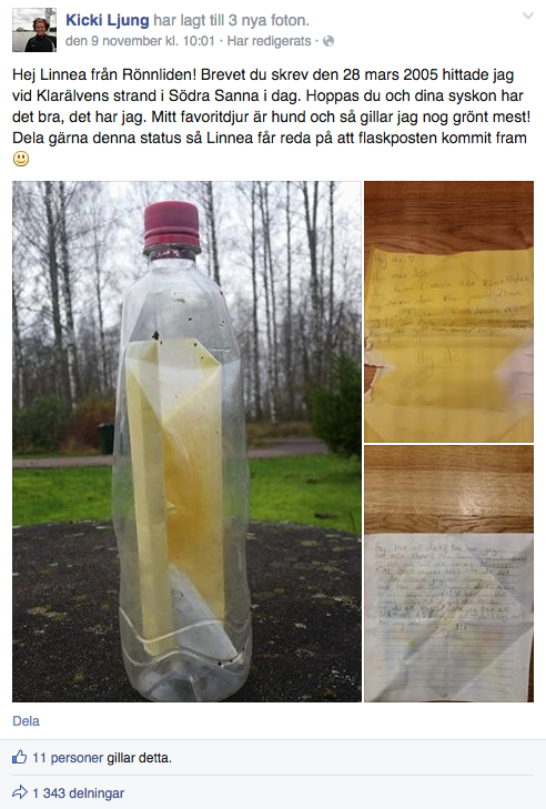 Kiki la upp en efterlysning på Facebook för att få tag på Linnea som skickat flaskposten.